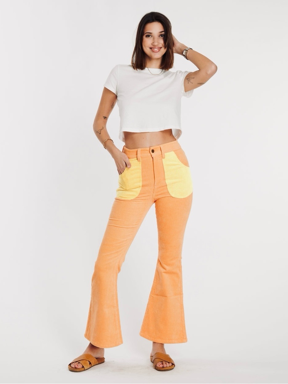 Hammies Corduroy Bell Bottom Pant High-Waist Contrast Pocket Orange/Yellow SZ 26